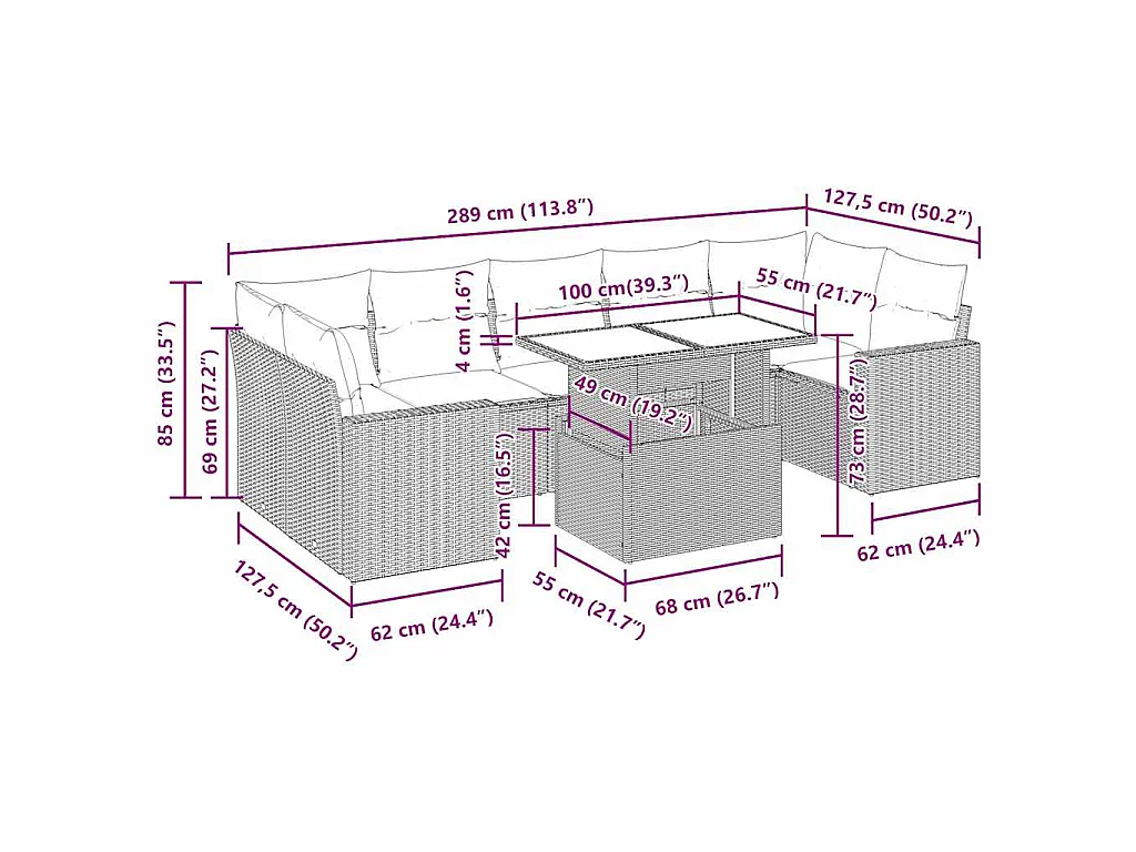 8-delige Loungeset met kussens poly rattan zwart