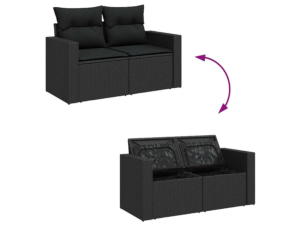 8-delige Loungeset met kussens poly rattan zwart
