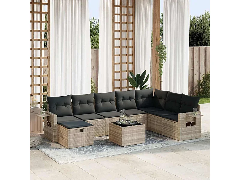 Set Divano da Giardino 9pz con Cuscini Grigio Chiaro Polyrattan