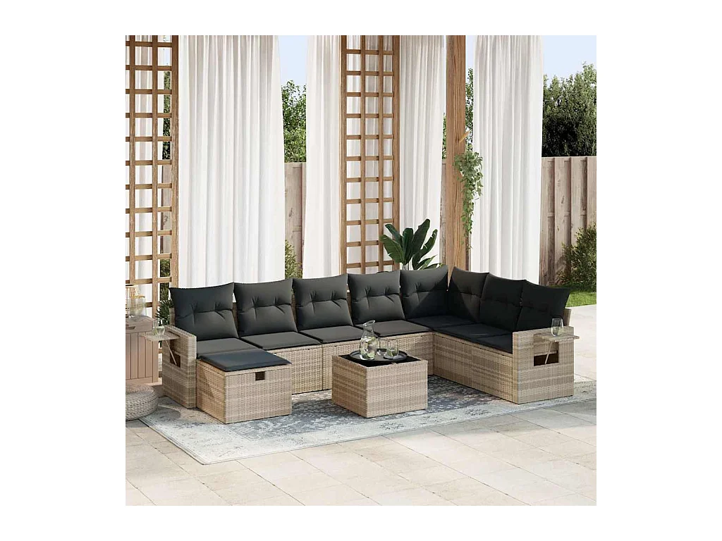 Salon de jardin 9 pcs avec coussins gris clair résine tressée