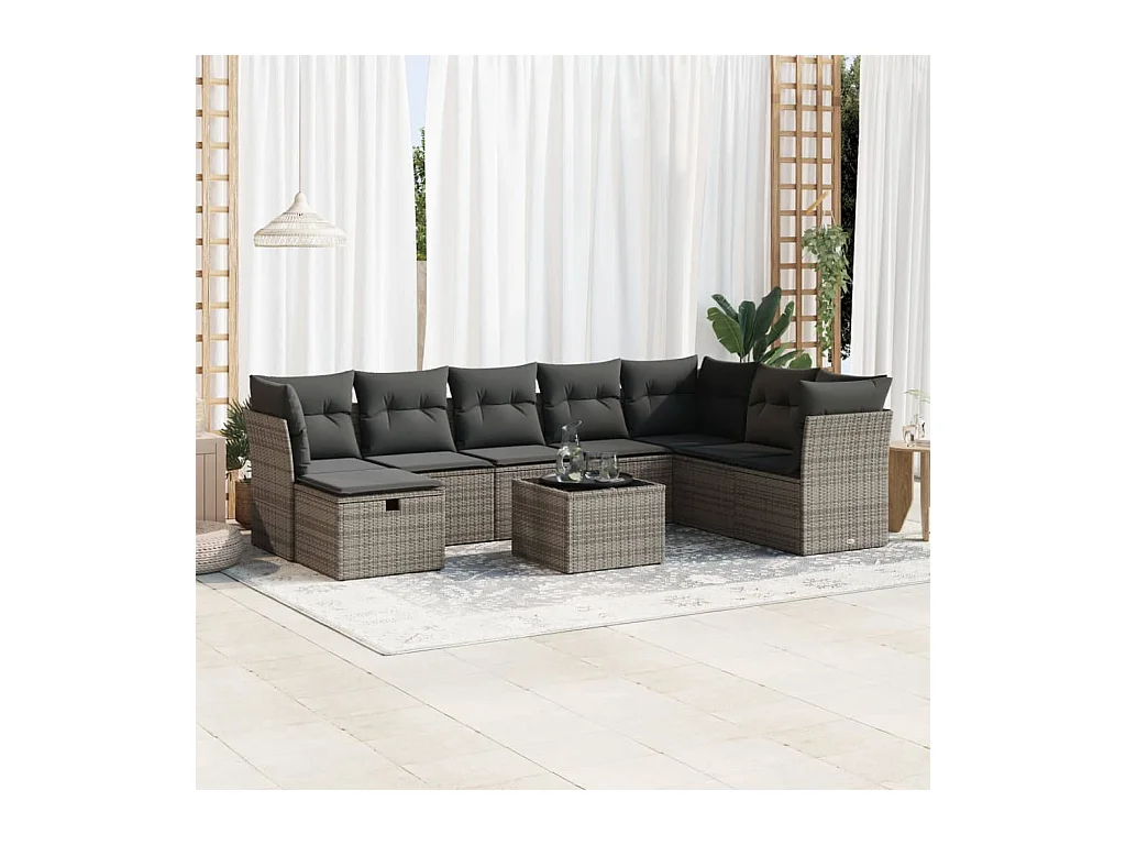 Salon de jardin 9 pcs avec coussins gris résine tressée