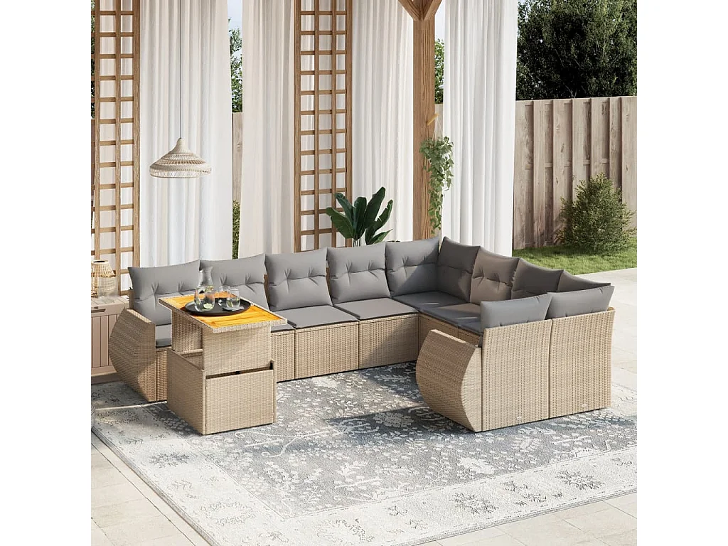 Salon de jardin avec coussins 10 pcs beige résine tressée