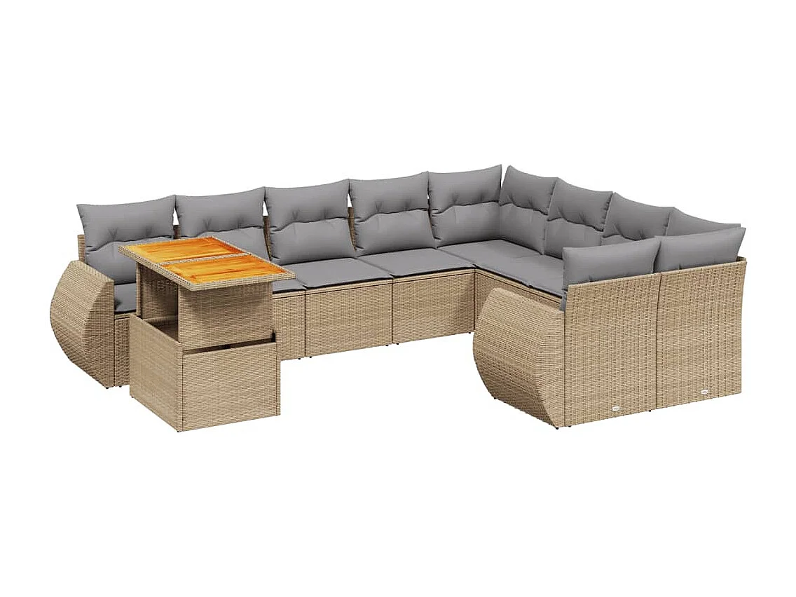 Salon de jardin avec coussins 10 pcs beige résine tressée