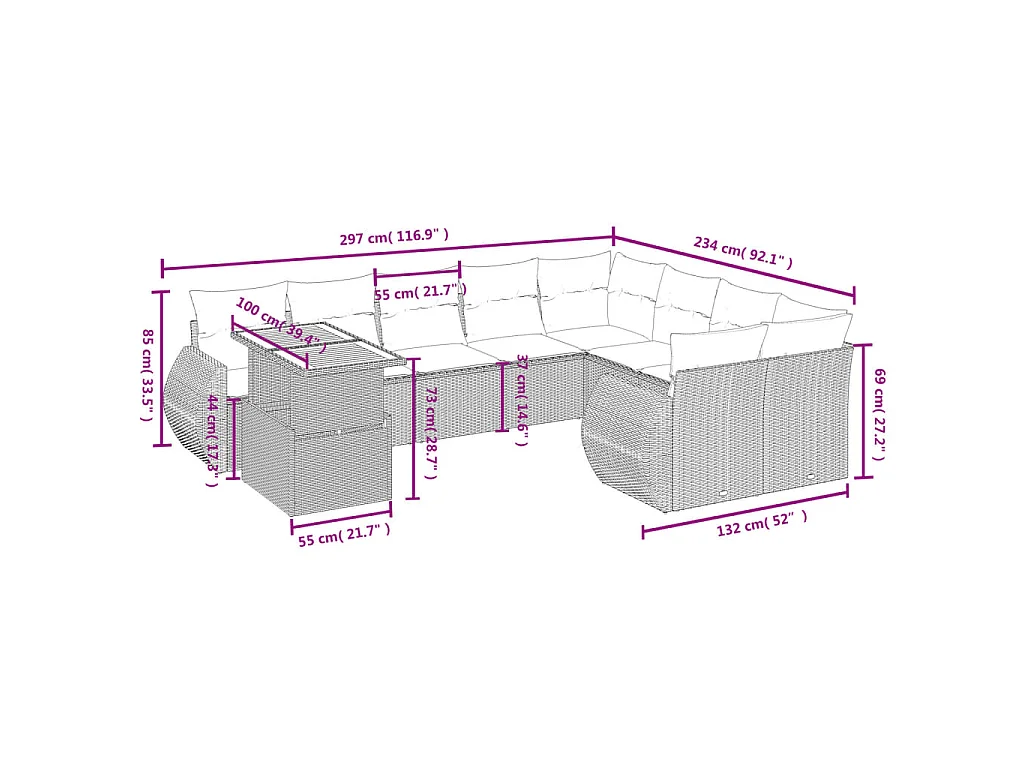 10-delige Loungeset met kussens poly rattan beige