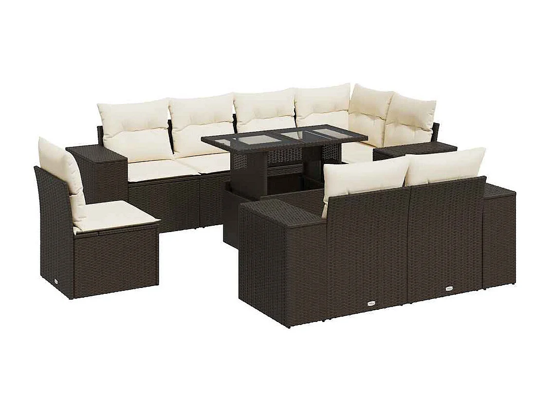 Salon de jardin avec coussins 9 pcs marron résine tressée