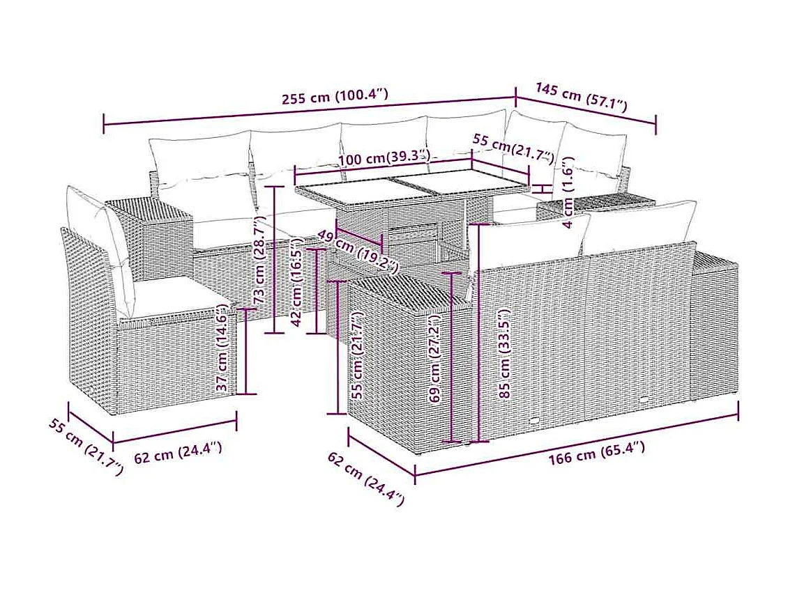 Salon de jardin avec coussins 9 pcs marron résine tressée