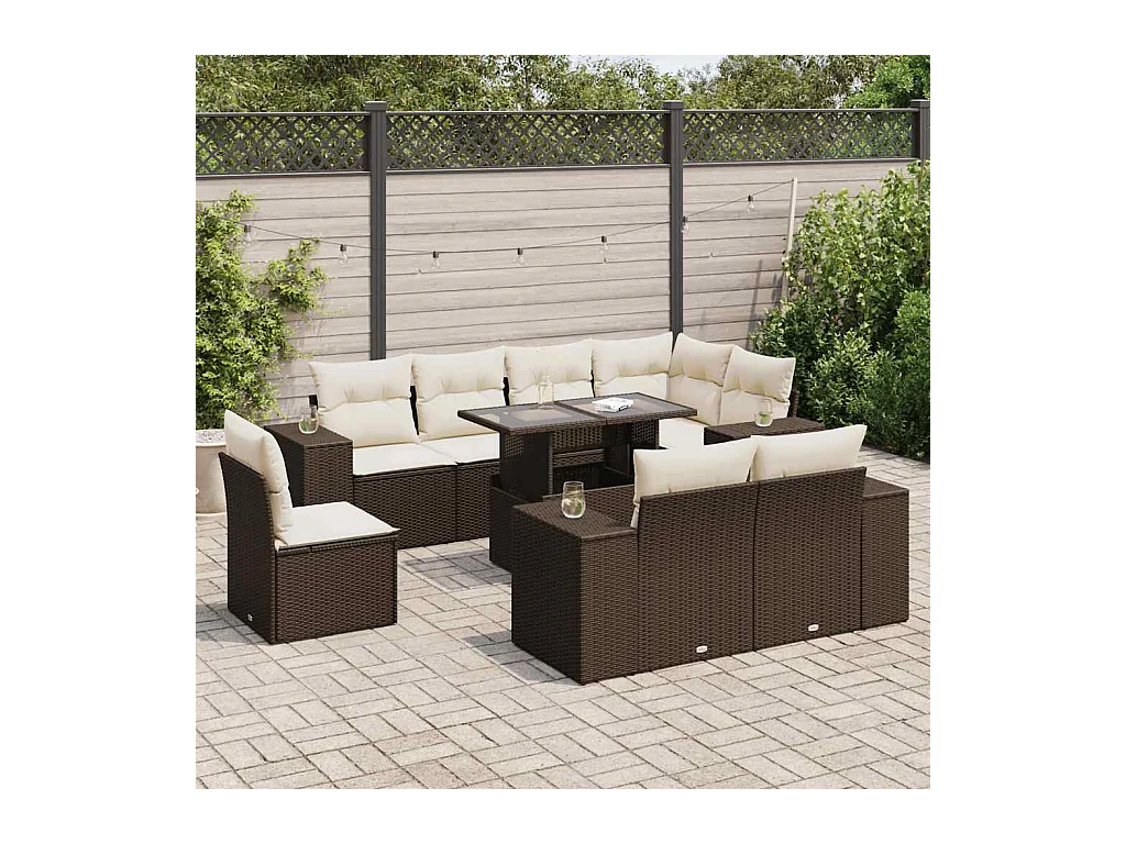Salon de jardin avec coussins 9 pcs marron résine tressée