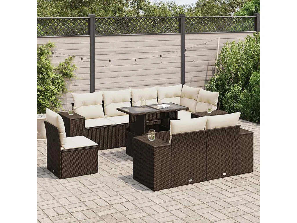 9-tlg. Garten-Sofagarnitur mit Kissen Braun Poly Rattan