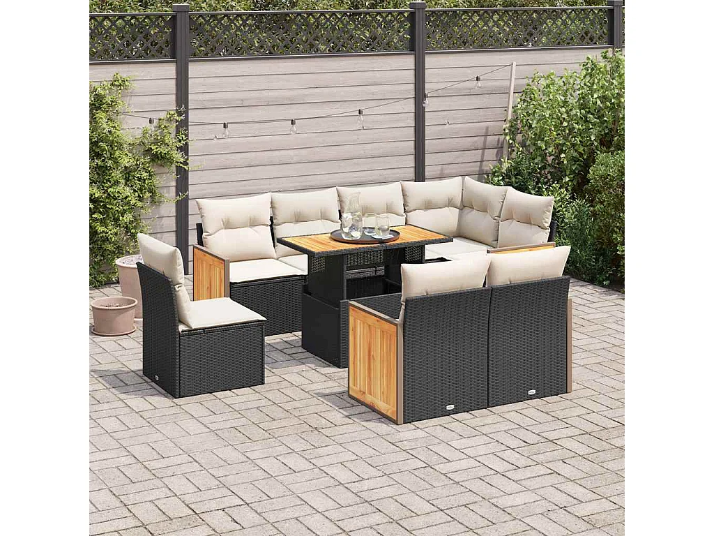 Set Divani da Giardino 9 pz con Cuscini Nero Polyrattan Acacia