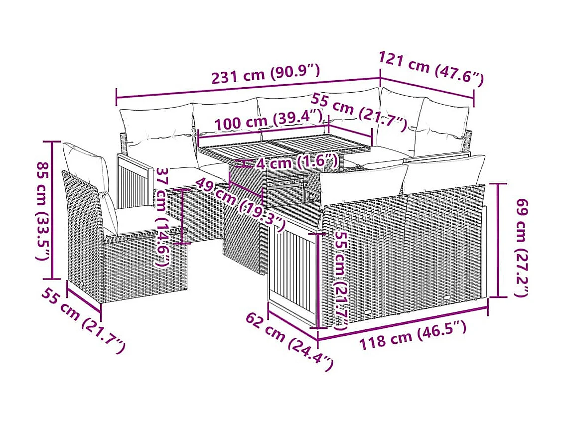 Set Divani da Giardino 9 pz con Cuscini Nero Polyrattan Acacia