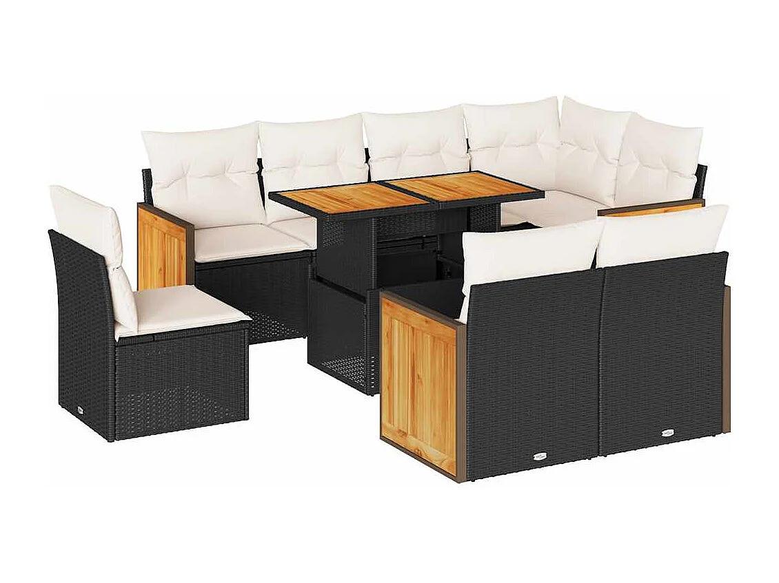 Salon de jardin avec coussins 9 pcs noir résine tressée acacia