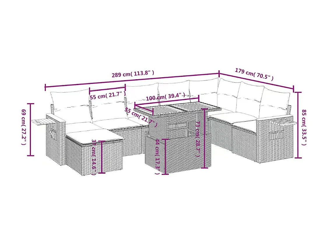Salon de jardin avec coussins 9 pcs beige résine tressée
