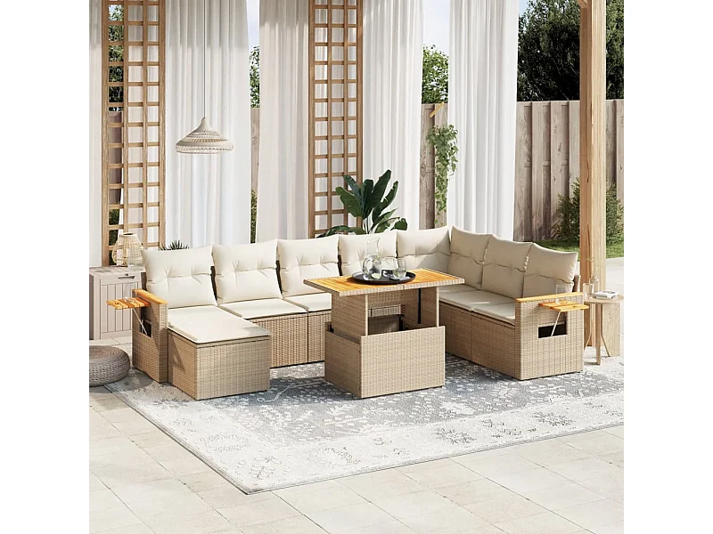 Salon de jardin avec coussins 9 pcs beige résine tressée