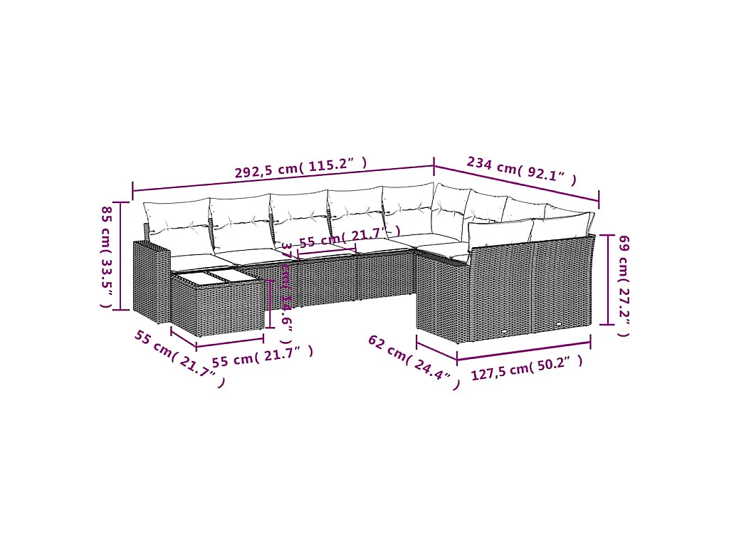10-delige Loungeset met kussens poly rattan bruin