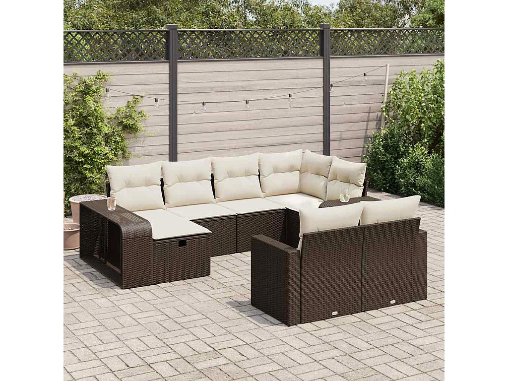 10-tlg. Garten-Sofagarnitur mit Kissen Braun Poly Rattan