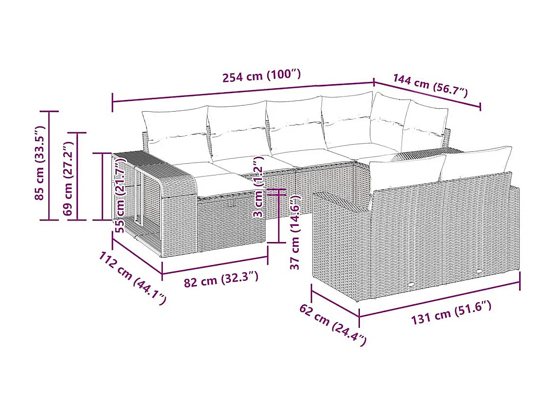 10-tlg. Garten-Sofagarnitur mit Kissen Braun Poly Rattan
