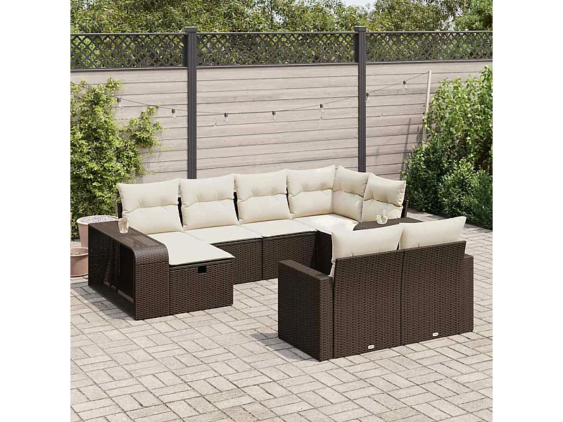 10-tlg. Garten-Sofagarnitur mit Kissen Braun Poly Rattan