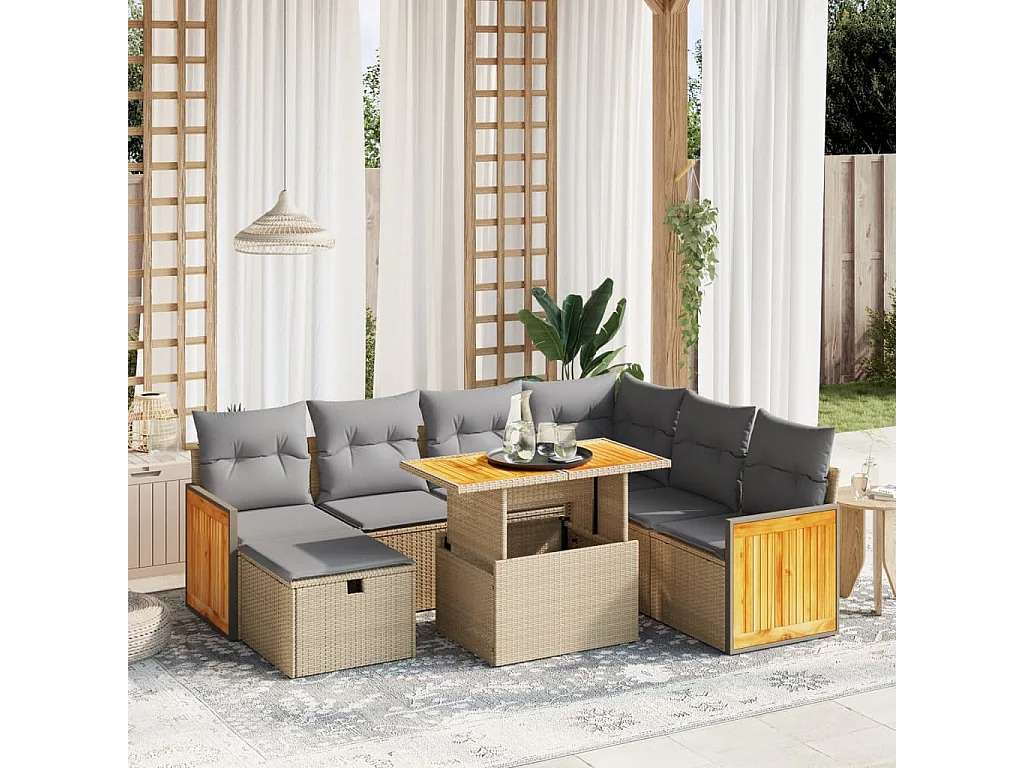 8-tlg. Garten-Sofagarnitur mit Kissen Beige Poly Rattan