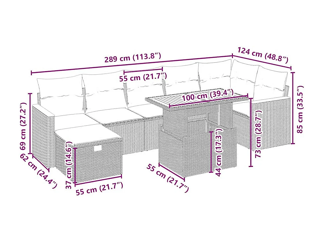 8-tlg. Garten-Sofagarnitur mit Kissen Beige Poly Rattan