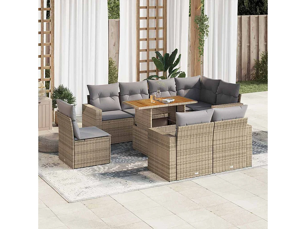 Salon de jardin avec coussins 9 pcs beige résine tressée
