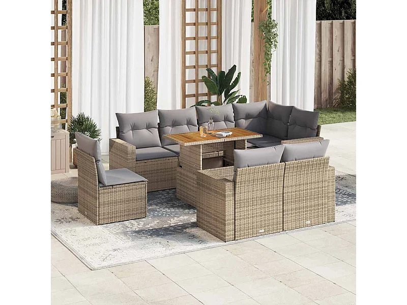 9-tlg. Garten-Sofagarnitur mit Kissen Beige Poly Rattan