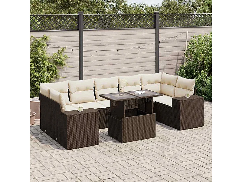 8-delige Loungeset met kussens poly rattan bruin
