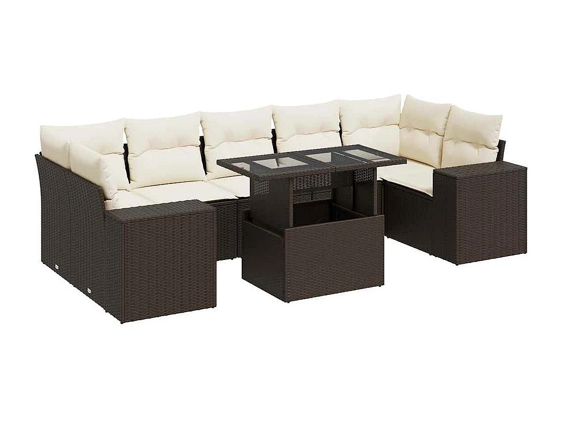 Salon de jardin 8 pcs avec coussins marron résine tressée