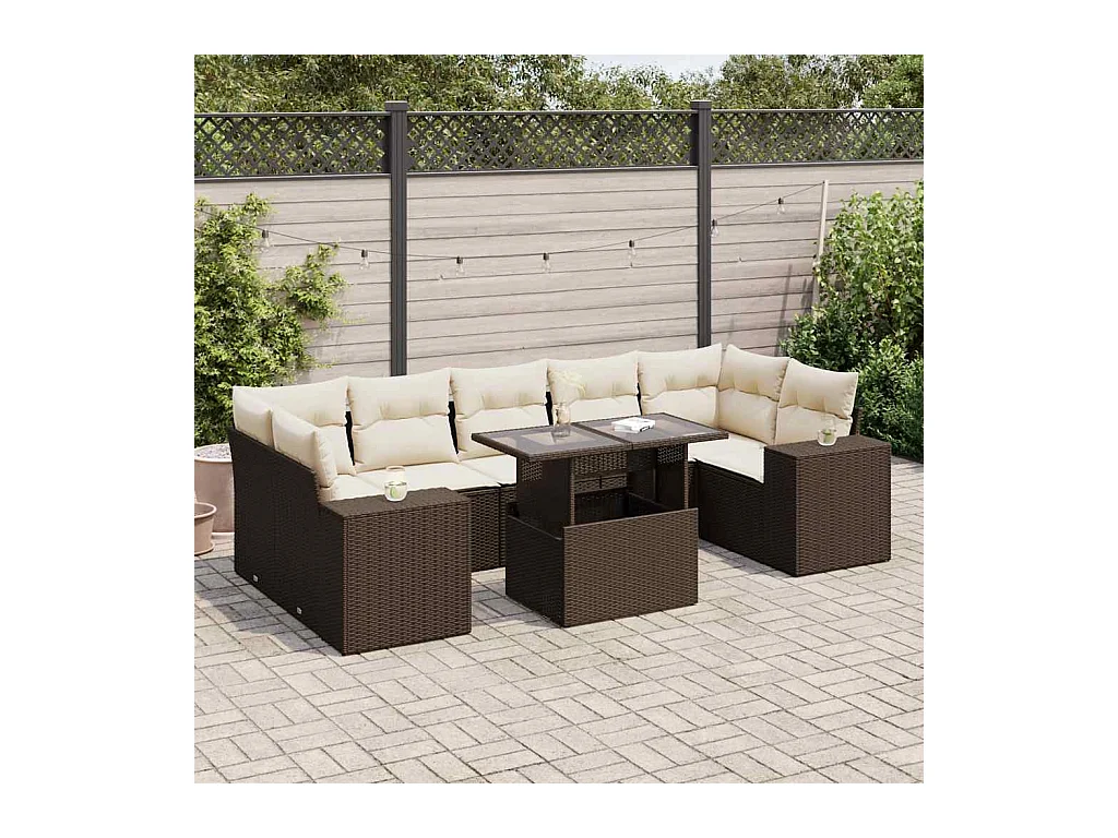 Salon de jardin 8 pcs avec coussins marron résine tressée