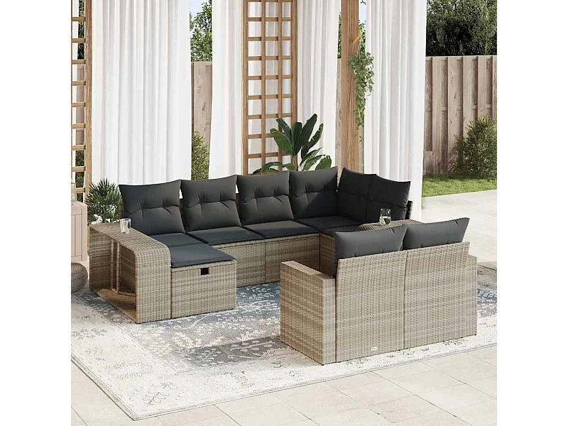 Set Divano Giardino 10 pz con Cuscini Grigio Chiaro Polyrattan