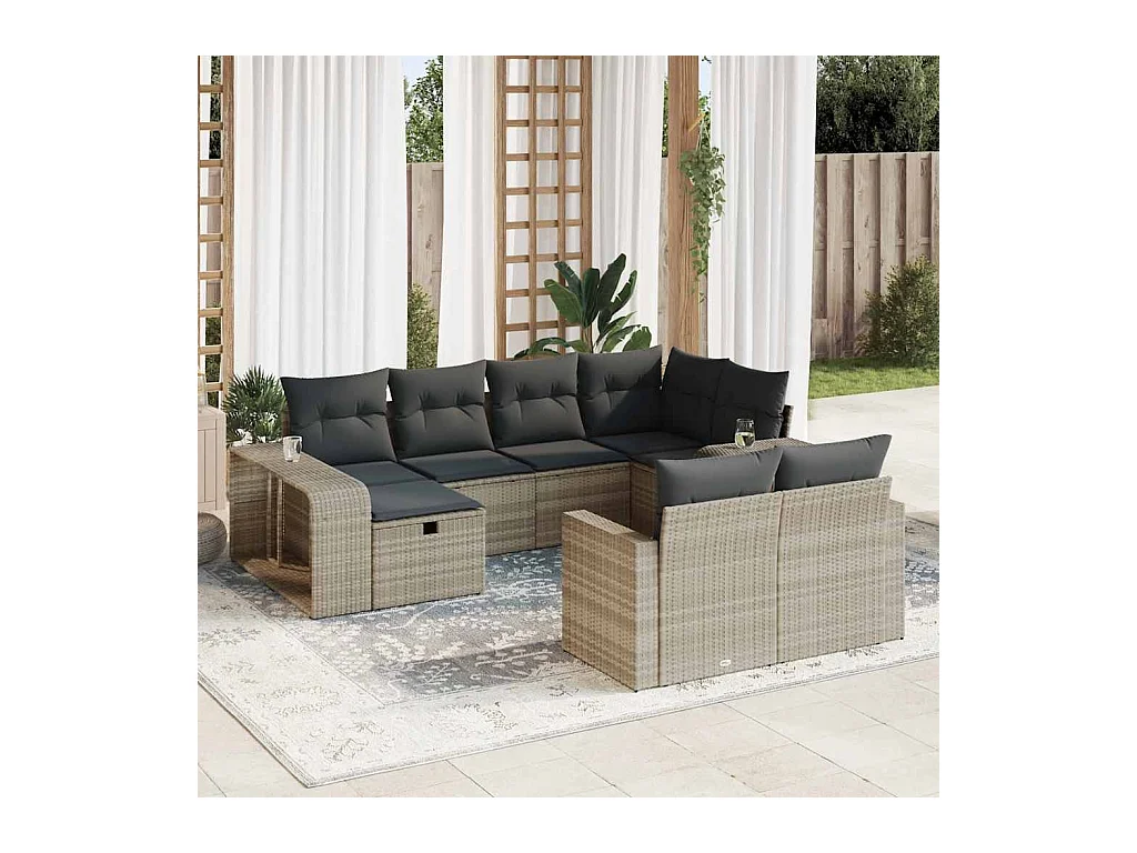 10-tlg. Garten-Sofagarnitur mit Kissen Hellgrau Poly Rattan