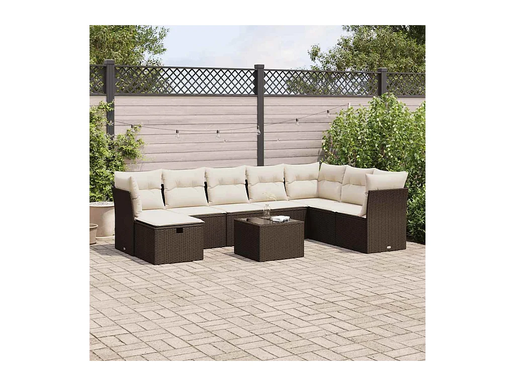 Salon de jardin avec coussins 9 pcs marron résine tressée