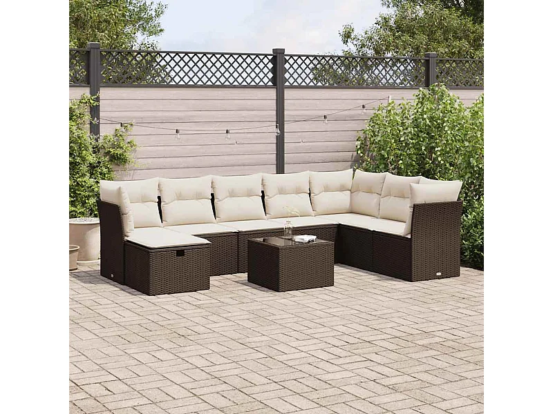 9-delige Loungeset met kussens poly rattan bruin