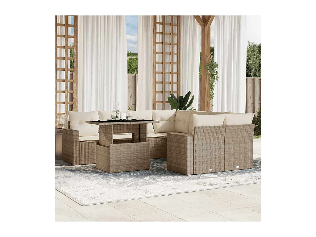 Salon de jardin avec coussins 9 pcs beige résine tressée