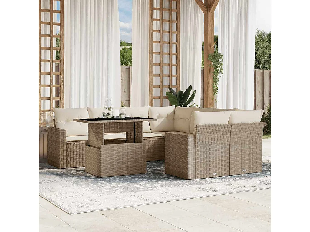 Salon de jardin avec coussins 9 pcs beige résine tressée
