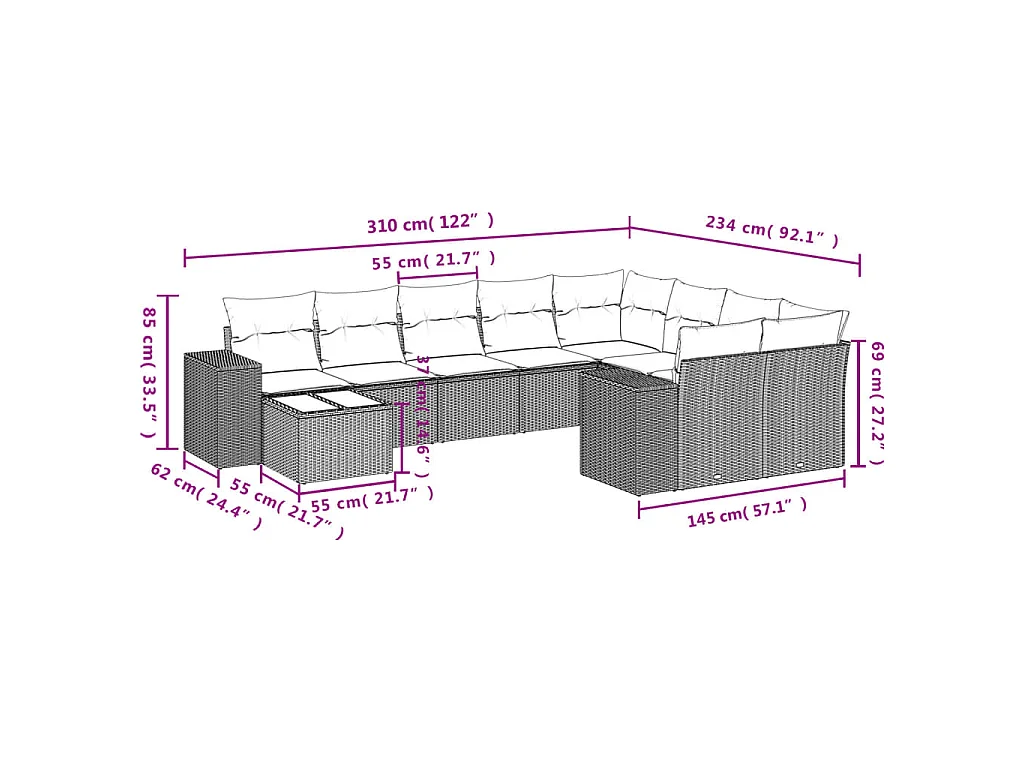 10-delige Loungeset met kussens poly rattan bruin