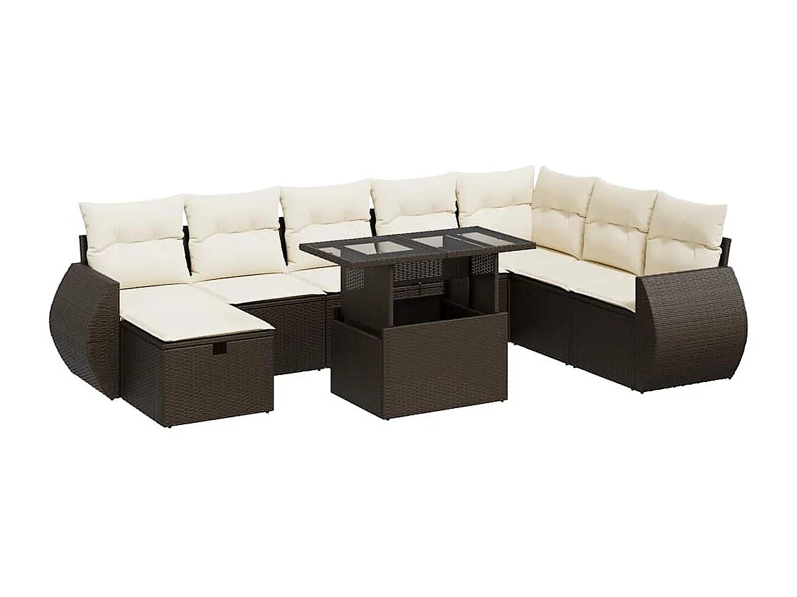 Salon de jardin avec coussins 9 pcs marron résine tressée