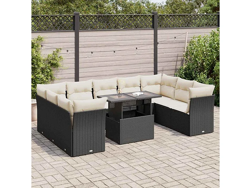 10-tlg. Garten-Sofagarnitur mit Kissen Schwarz Poly Rattan