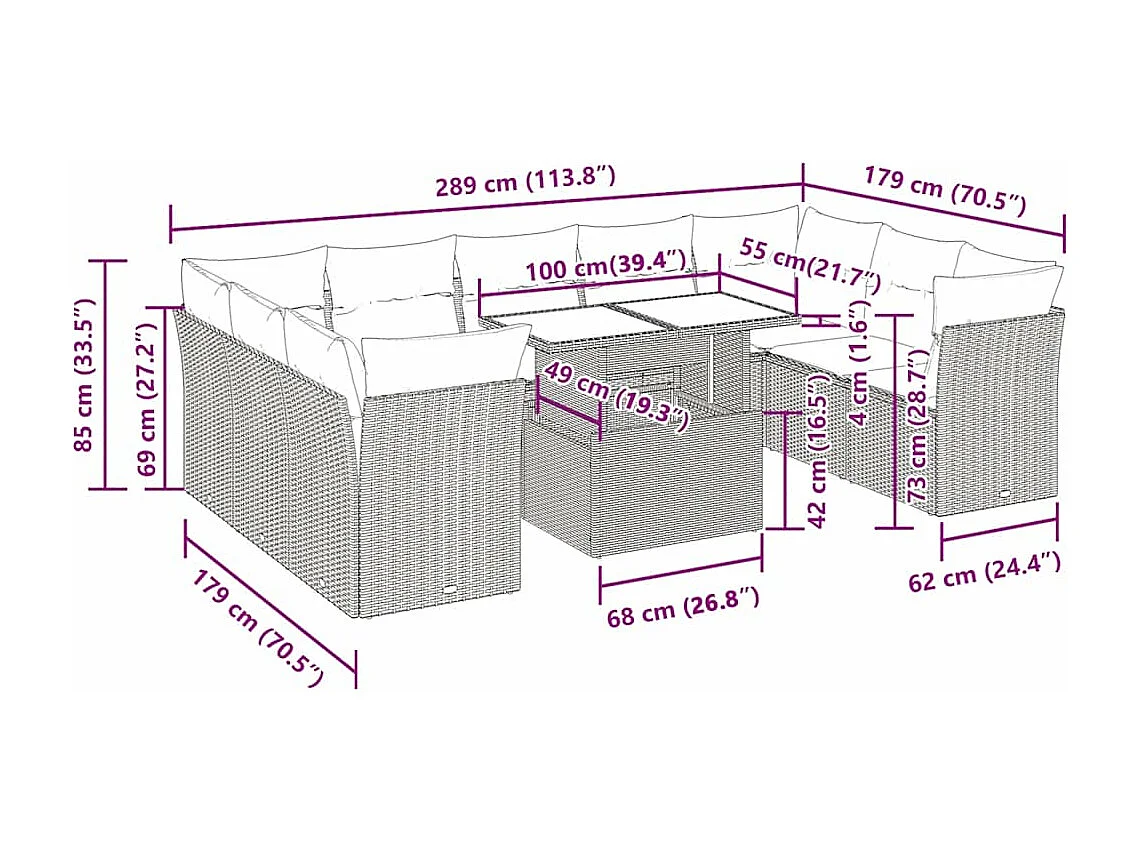 10-tlg. Garten-Sofagarnitur mit Kissen Schwarz Poly Rattan