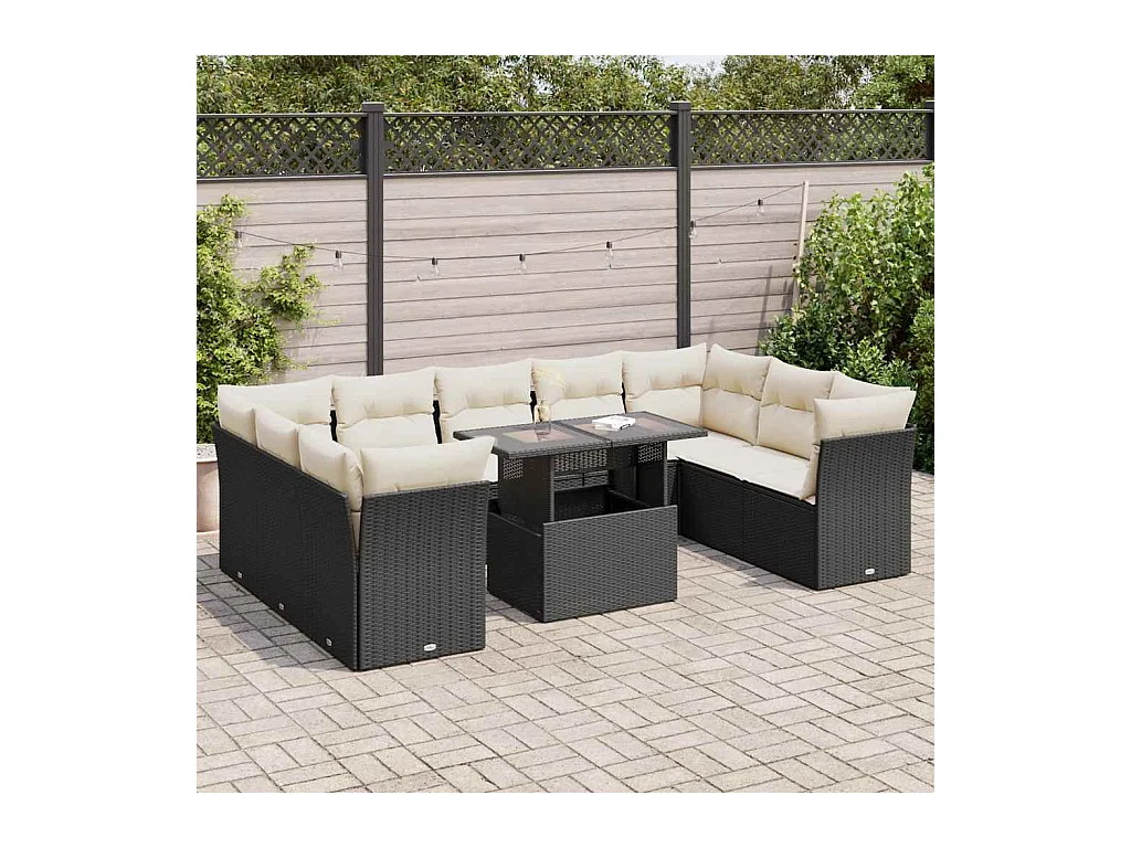 Salon de jardin 10 pcs avec coussins noir résine tressée