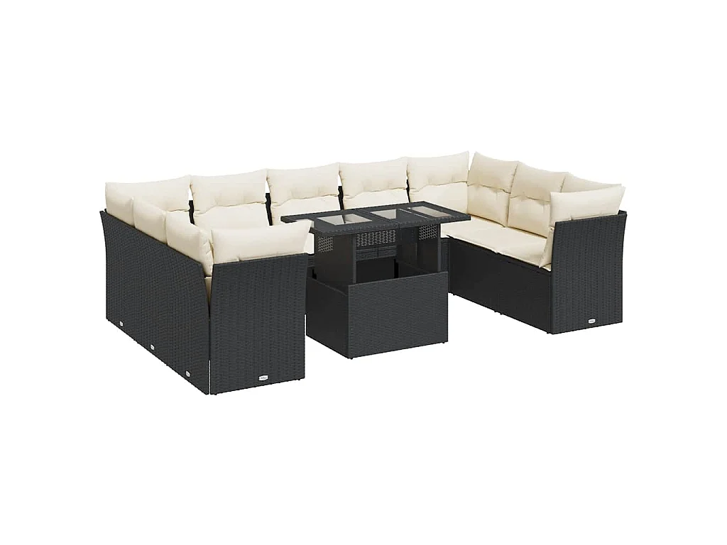 10-delige Loungeset met kussens poly rattan zwart