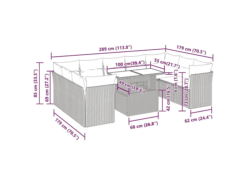 10-delige Loungeset met kussens poly rattan zwart
