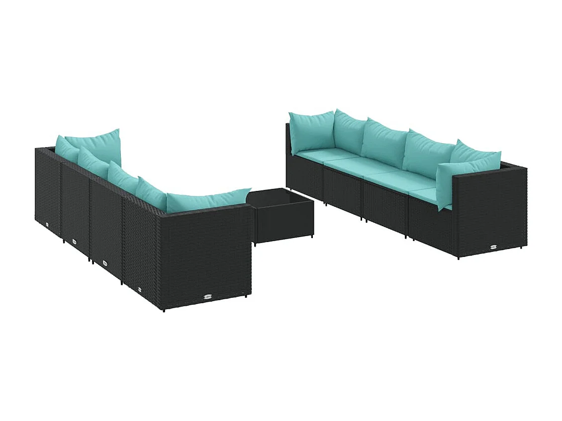 9-delige Loungeset met kussens poly rattan zwart