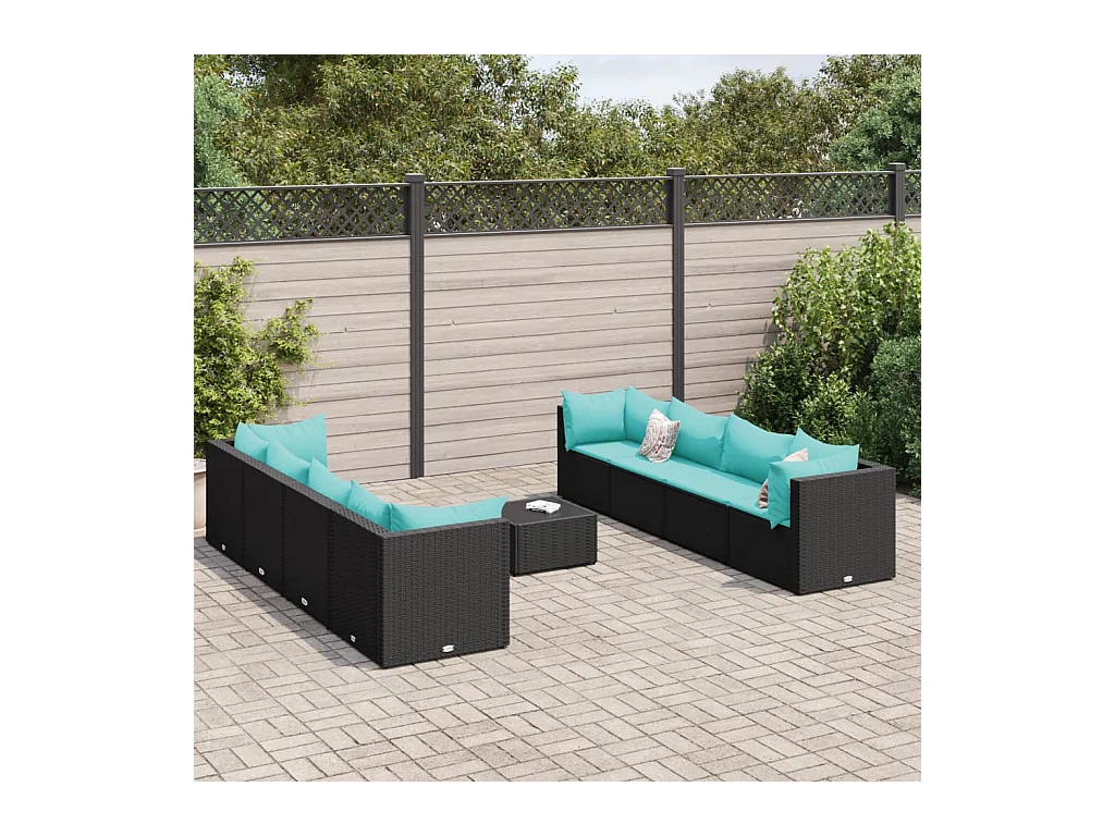 Salon de jardin 9 pcs avec coussins Noir Résine tressée