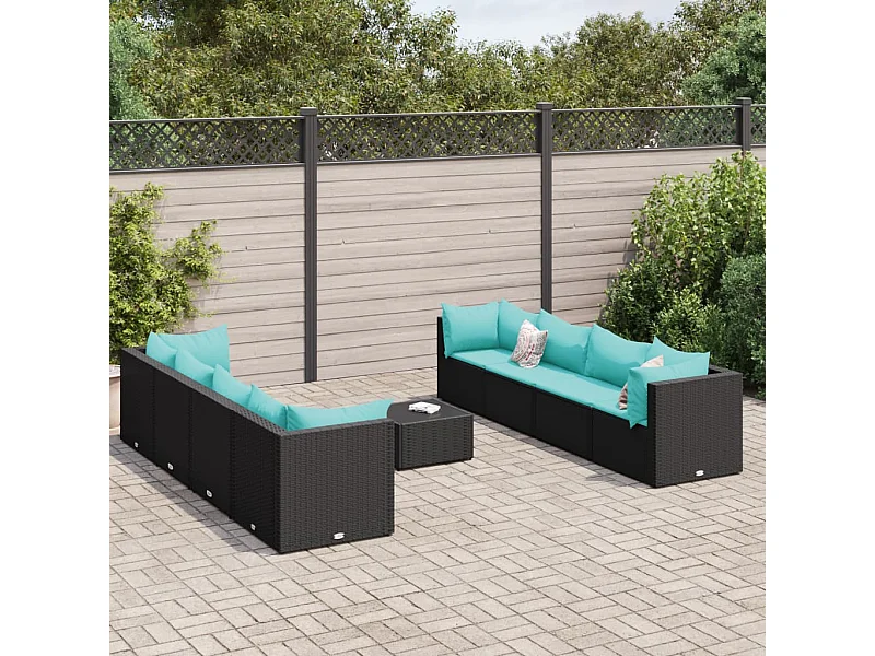 9-tlg. Garten-Lounge-Set mit Kissen Schwarz Poly Rattan