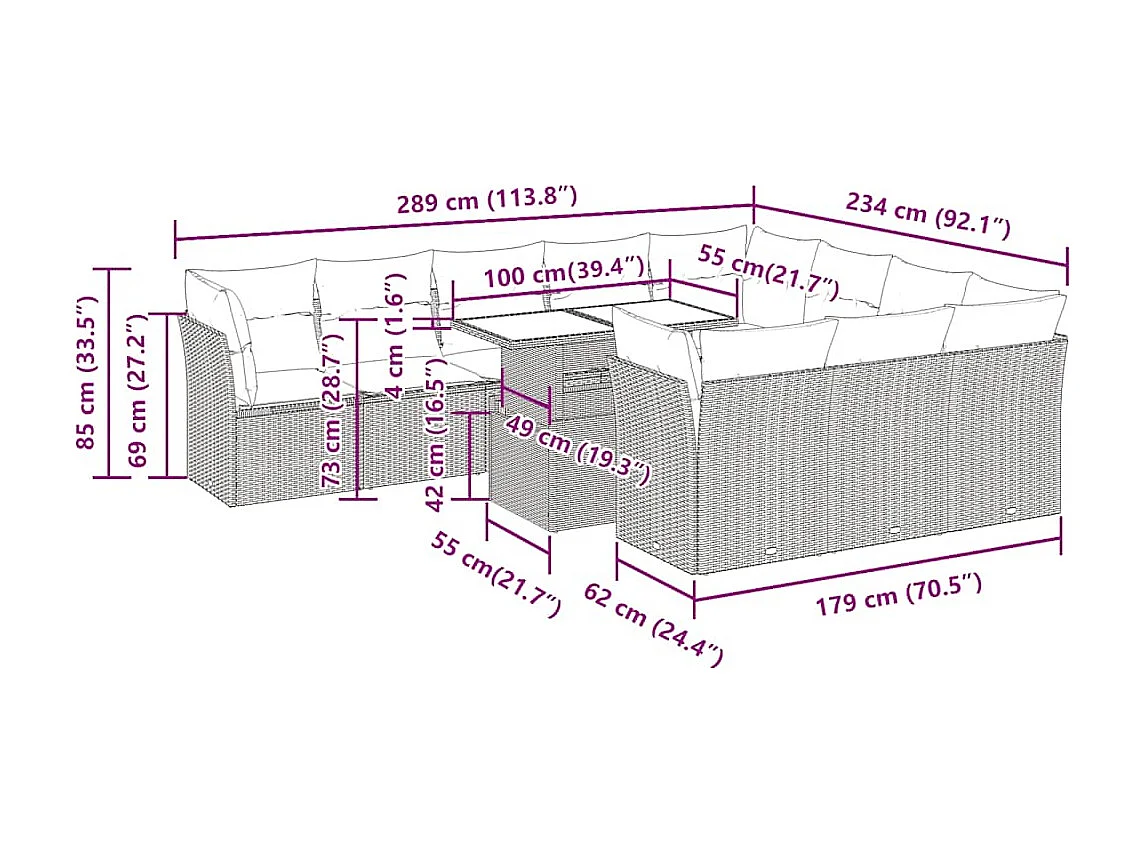 11-tlg. Garten-Sofagarnitur mit Kissen Hellgrau Poly Rattan