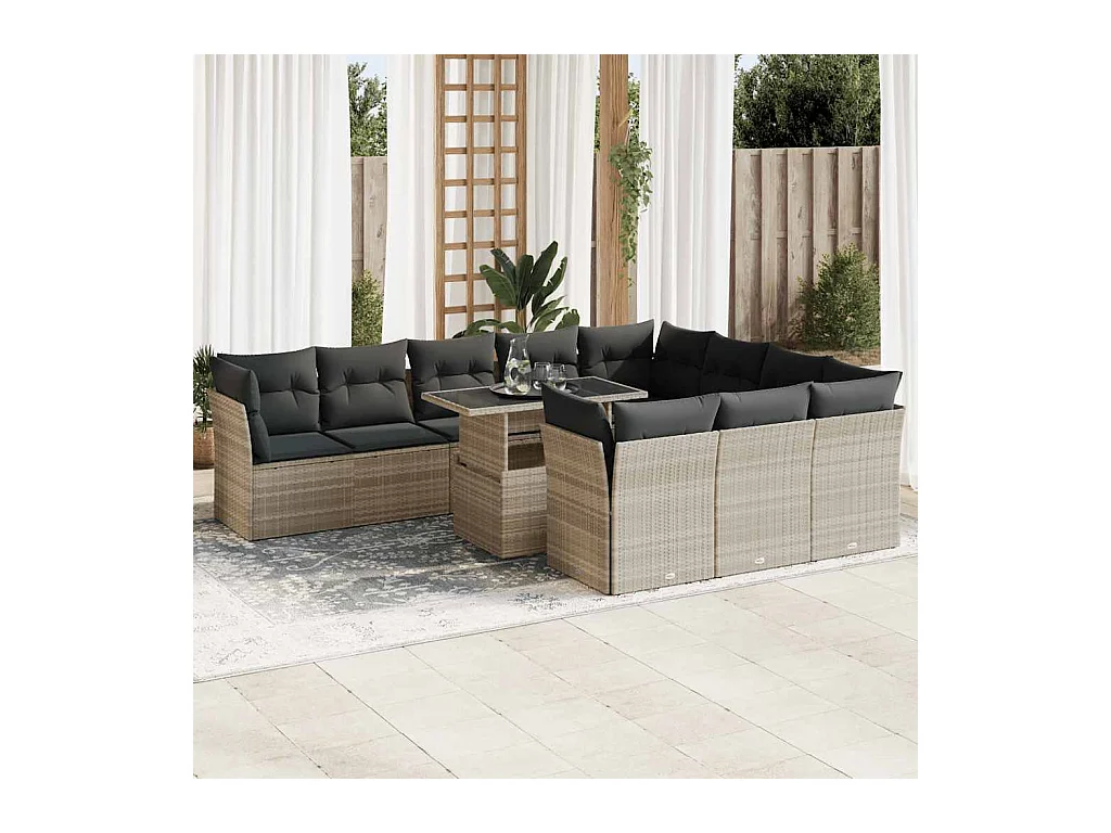 Salon de jardin 11 pcs avec coussins gris clair résine tressée