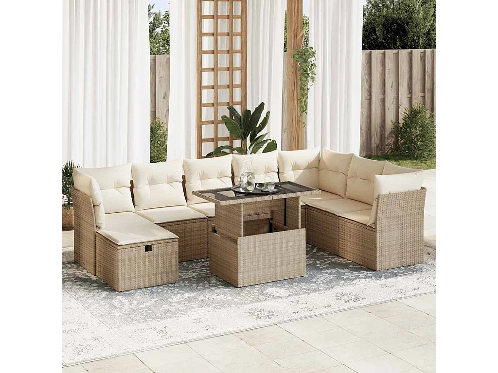 Salon de jardin avec coussins 9 pcs beige résine tressée