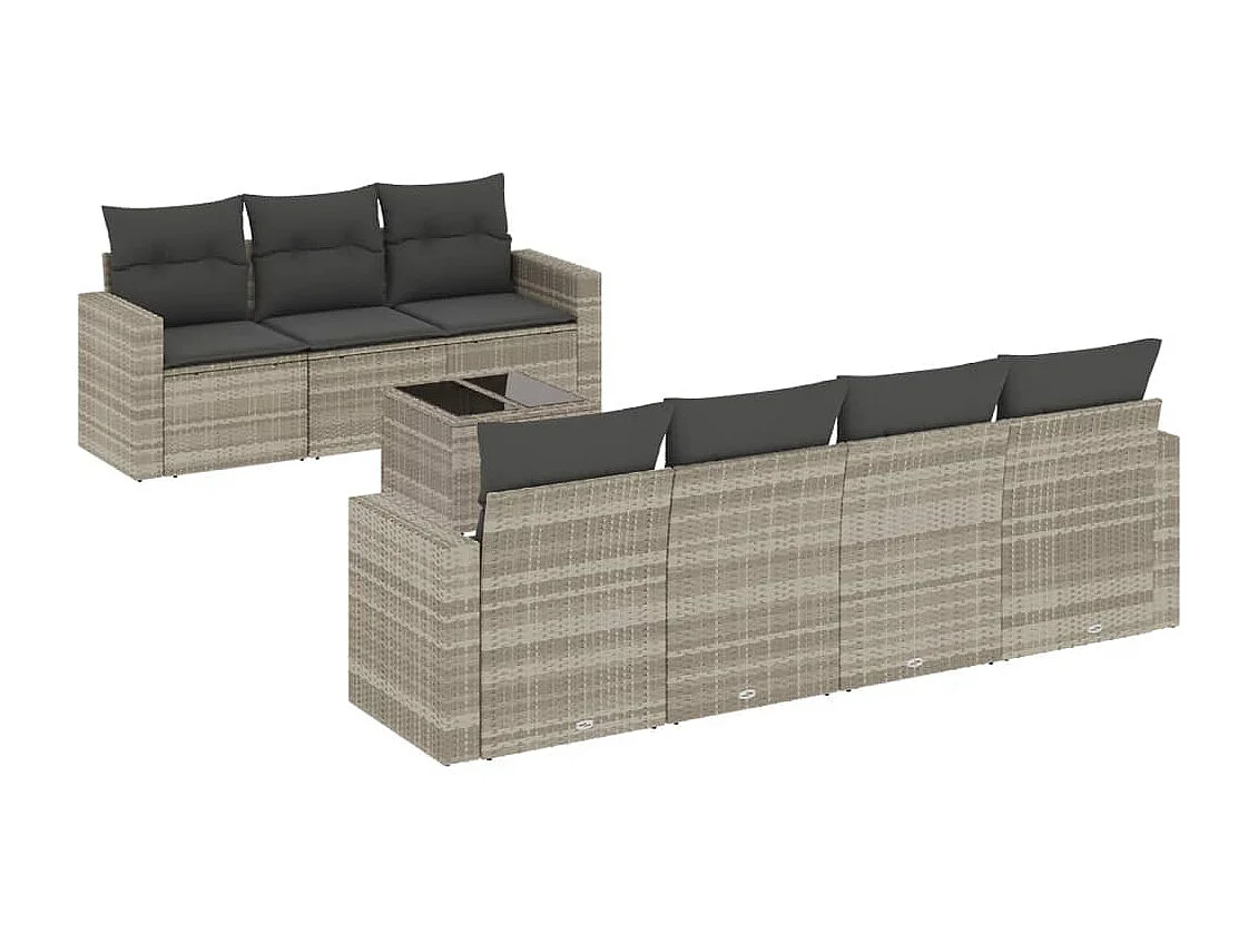 8-tlg. Garten-Sofagarnitur mit Kissen Hellgrau Poly Rattan