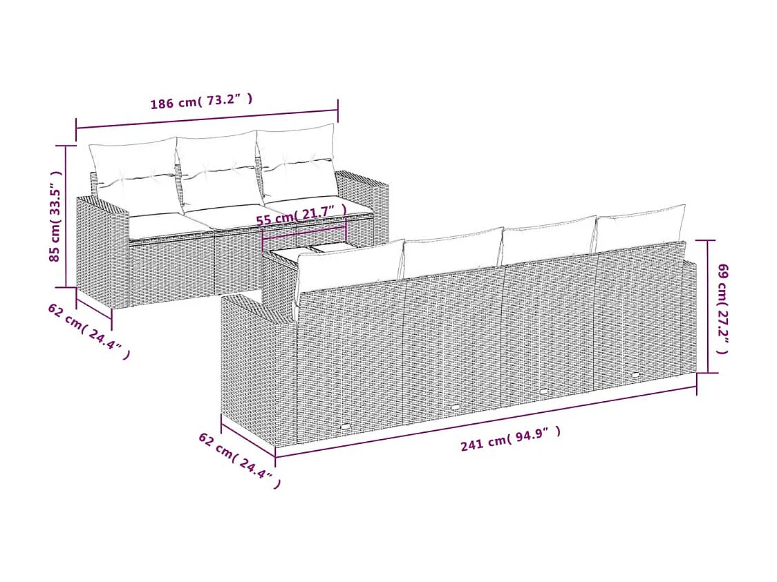 8-delige Loungeset met kussens poly rattan lichtgrijs