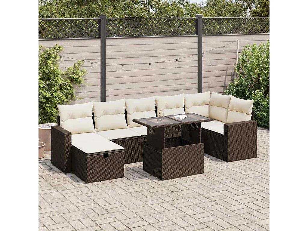 Salon de jardin 8 pcs avec coussins marron résine tressée